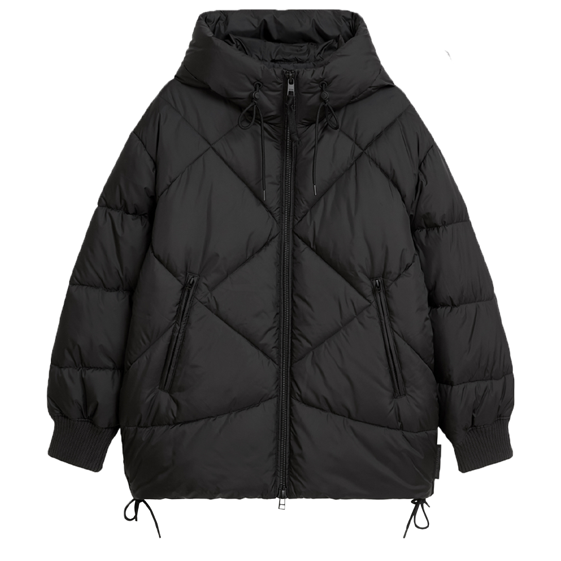 Lange Kapuzen-Steppjacke Relaxed aus recyceltem Polyester | Black