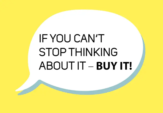 Geschenkkarte: it you can't stop thinking abou it- buy it!, Sprechblase, gelber Hintergrund