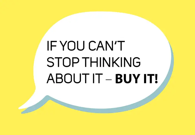 Geschenkkarte -buy it! Geschenkkarte: it you can't stop thinking abou it- buy it!, Sprechblase, gelber Hintergrund